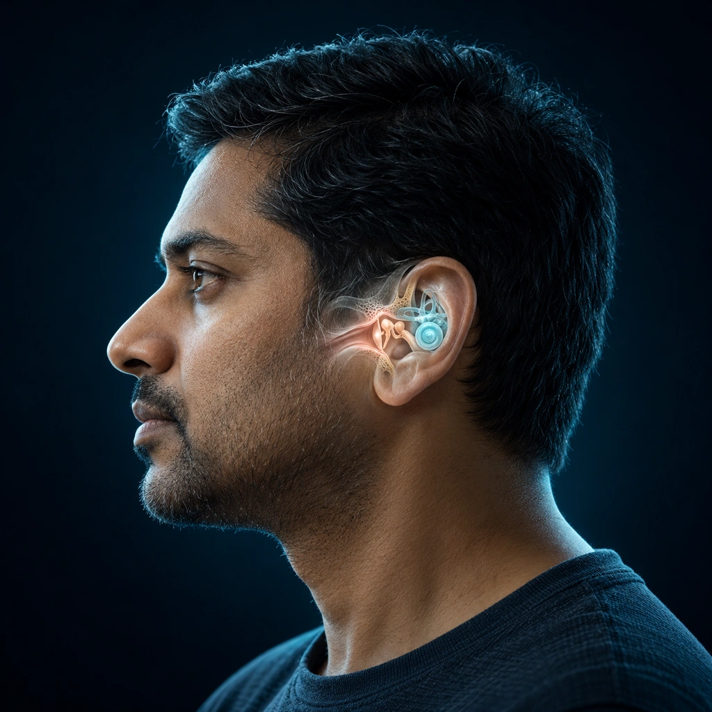 Ear care illustration with a human profile and subtle anatomy overlay