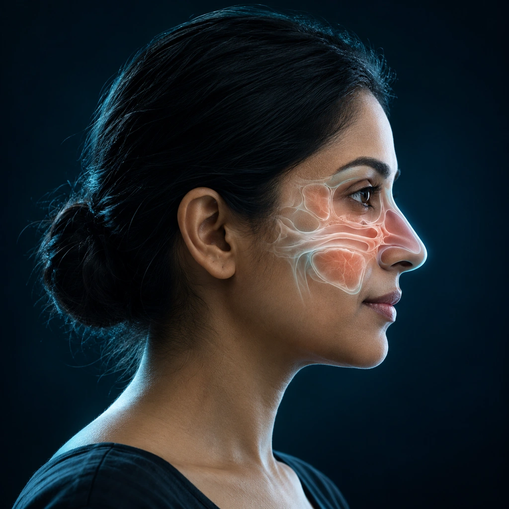 Nose care illustration with a human profile and subtle anatomy overlay