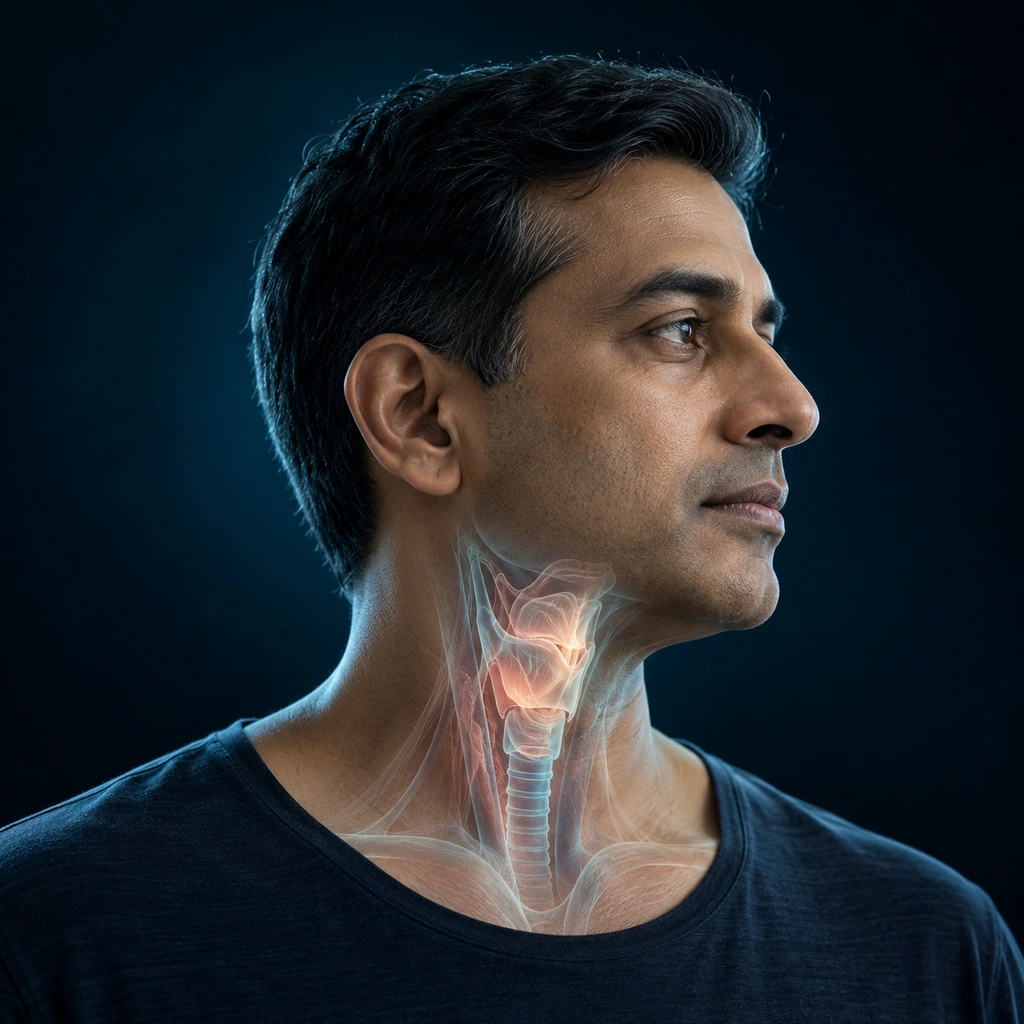 Throat care illustration with a human profile and subtle anatomy overlay