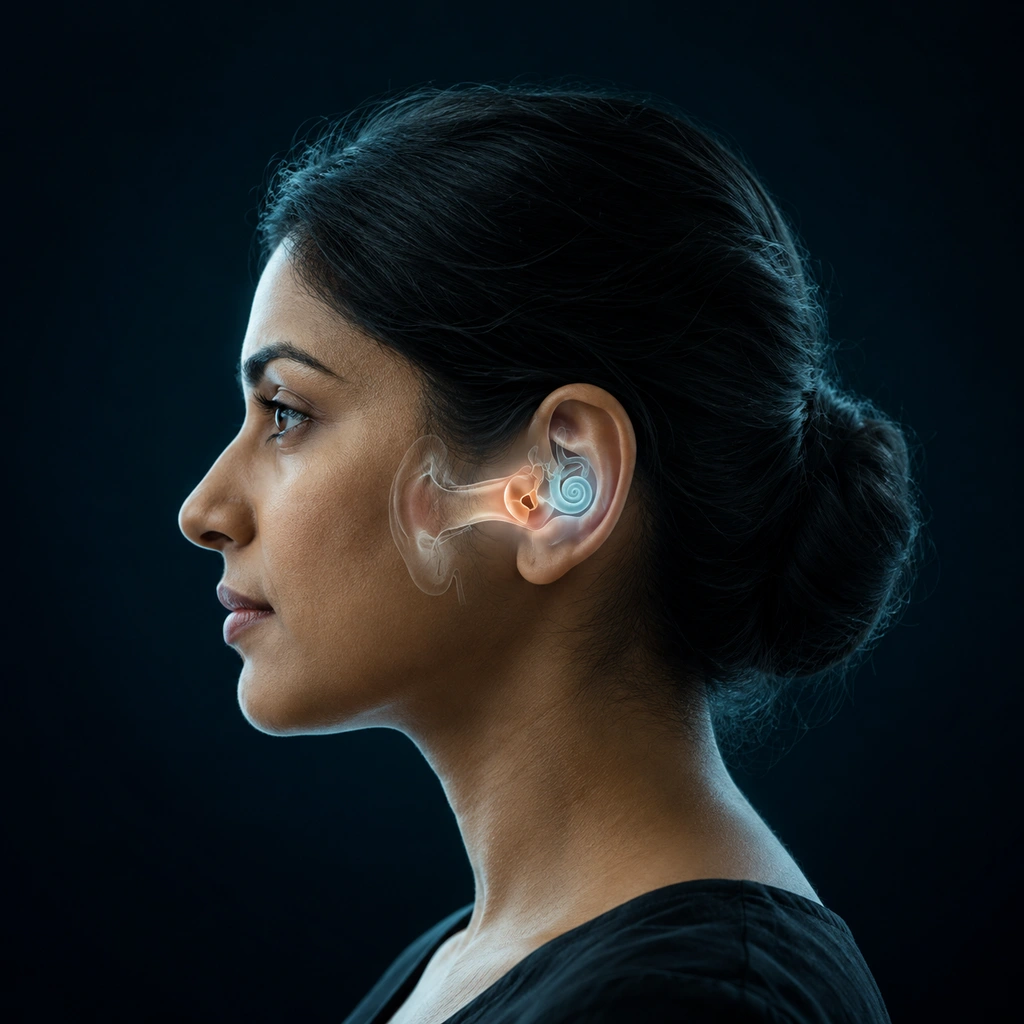 Ear care illustration with a human profile and subtle anatomy overlay