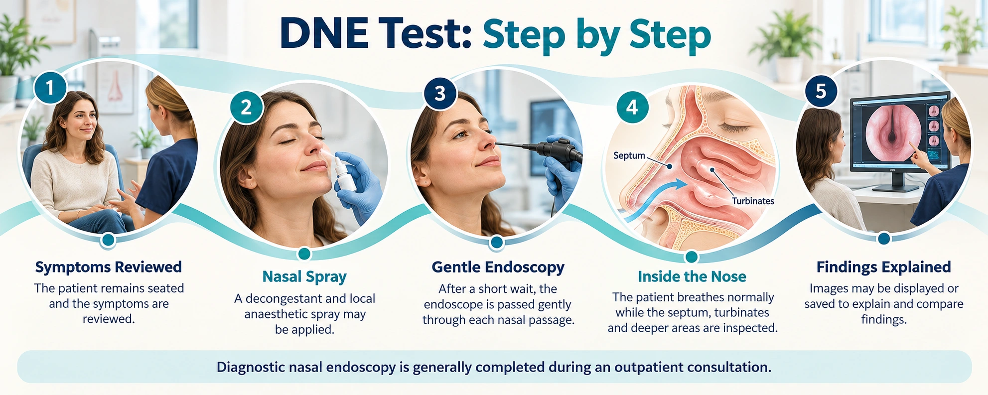 Diagnostic Nasal Endoscopy (DNE) — DNE Test: Step by Step educational diagram