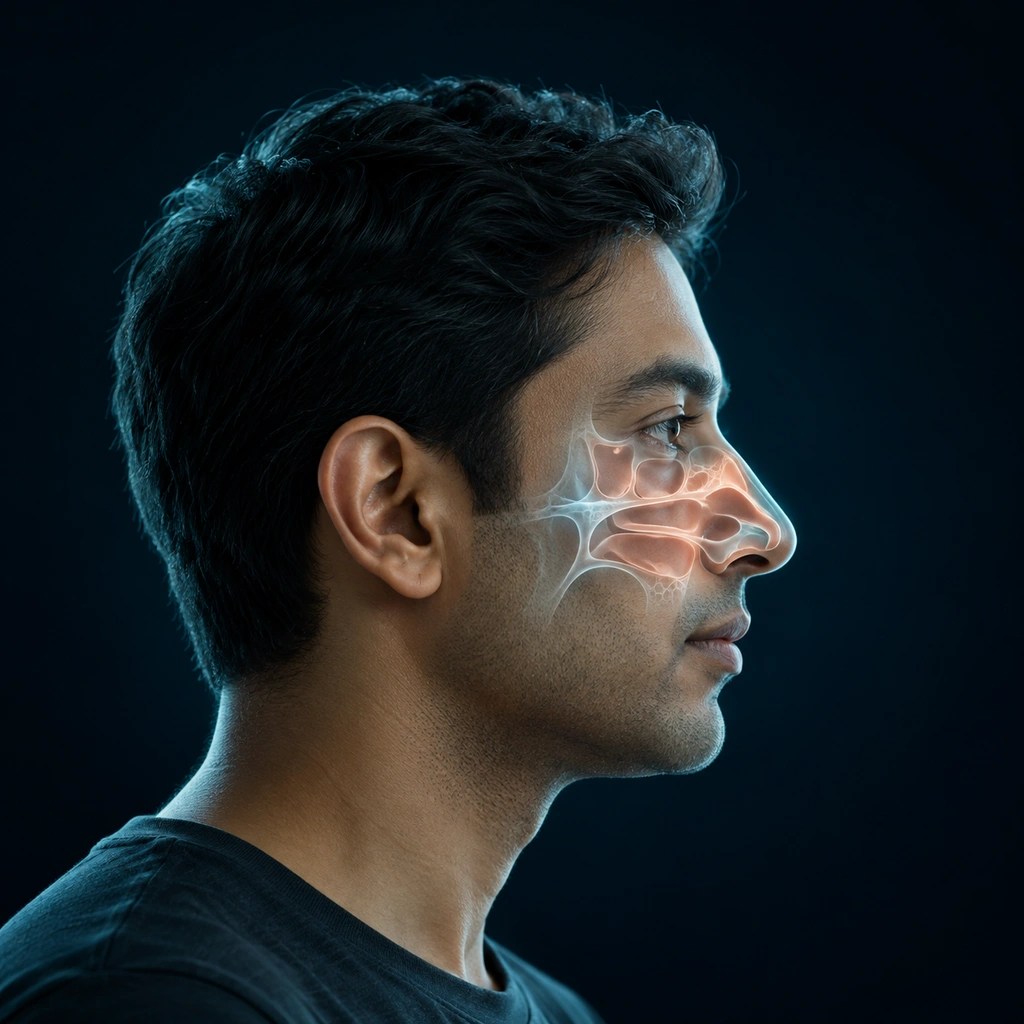 Nose care illustration with a human profile and subtle anatomy overlay