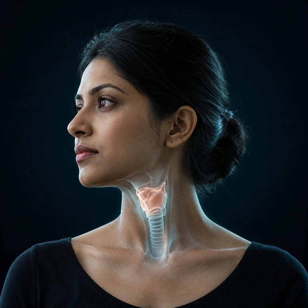 Throat care illustration with a human profile and subtle anatomy overlay